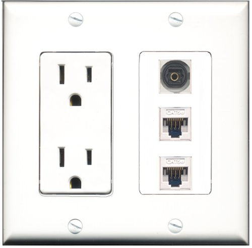 RiteAV - 15 Amp Power Outlet 1 Port Toslink 2 Port Cat5e Ethernet White Decorative Wall Plate
