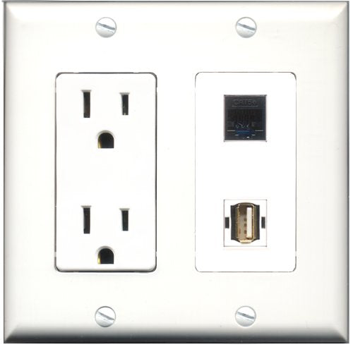 RiteAV - 15 Amp Power Outlet and 1 Port USB A-A and 1 Port Cat5e Ethernet Black Decorative Type Wall Plate White