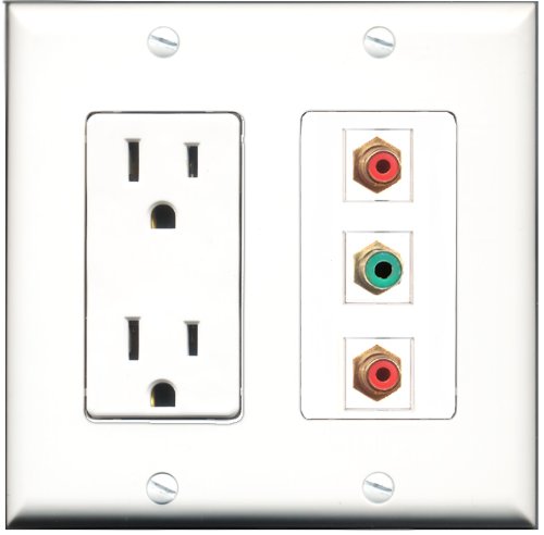 RiteAV - 15 Amp Power Outlet 2 Port RCA Red 1 Port RCA Green Decorative Wall Plate