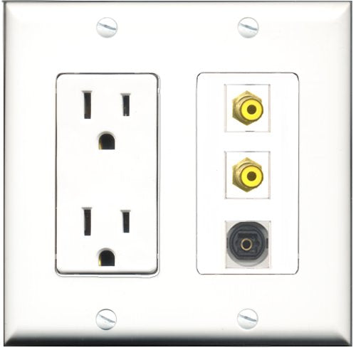 RiteAV - 15 Amp Power Outlet 2 Port RCA Yellow 1 Port Toslink Decorative Wall Plate