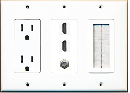 RiteAV - (3 Gang) 15A Power Outlet Mesh-Brush 2 HDMI Coax Wall Plate White