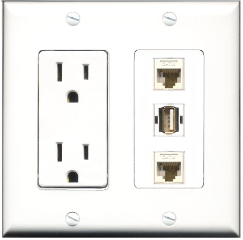 RiteAV - 15 Amp Power Outlet 1 Port USB A-A 2 Port Cat6 Ethernet Ethernet White Decorative Wall Plate