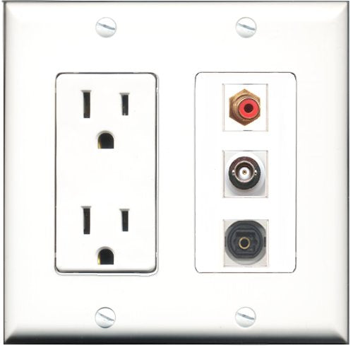 RiteAV - 15 Amp Power Outlet 1 Port RCA Red 1 Port Toslink 1 Port BNC Decorative Wall Plate