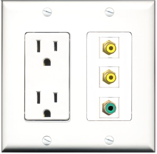 RiteAV - 15 Amp Power Outlet 2 Port RCA Yellow 1 Port RCA Green Decorative Wall Plate