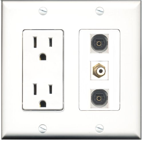 RiteAV - 15 Amp Power Outlet 1 Port RCA White 2 Port Toslink Decorative Wall Plate