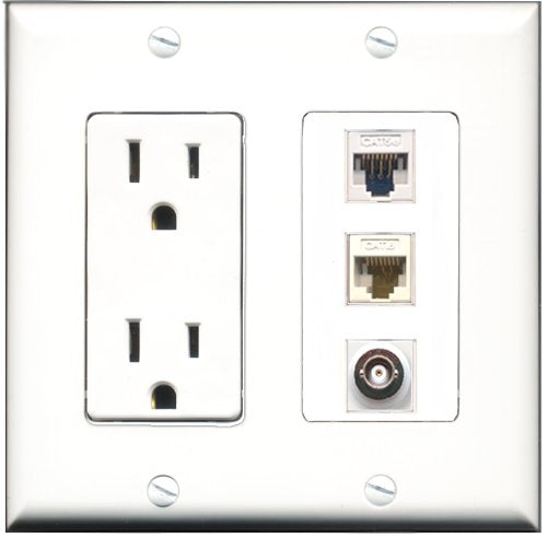 RiteAV - 15 Amp Power Outlet 1 Port BNC 1 Port Cat5e Ethernet White 1 Port Cat6 Ethernet Ethernet White Decorative Wall Plate