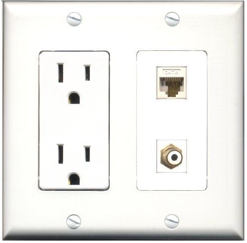 RiteAV - 15 Amp Power Outlet and 1 Port RCA White and 1 Port Cat6 Ethernet White Decorative Type Wall Plate White