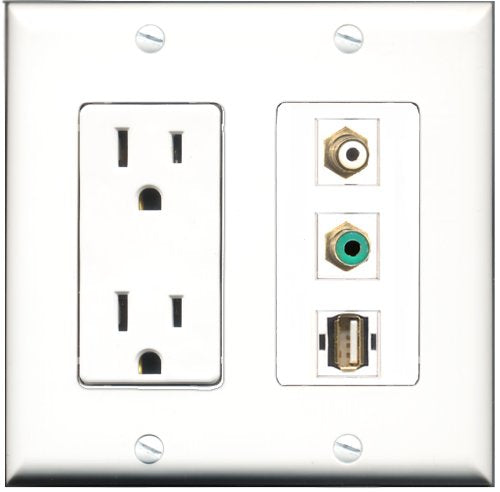 RiteAV - 15 Amp Power Outlet 1 Port RCA White 1 Port RCA Green 1 Port USB A-A Decorative Wall Plate