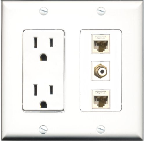 RiteAV - 15 Amp Power Outlet 1 Port RCA White 2 Port Cat6 Ethernet Ethernet White Decorative Wall Plate