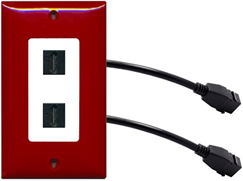 RiteAV (1 Gang Decorative) 2 HDMI Black Wall Plate w/ Pigtail Extension Cable Red on White