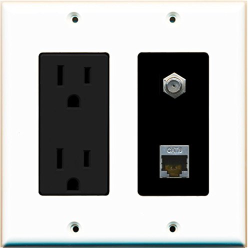 RiteAV - 15 Amp Power Outlet 1 Port Coax Cable TV- F-Type and Shielded Cat6 Ethernet Wall Plate - White/Black