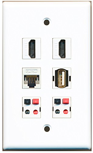 RiteAV - 2 HDMI 1 Port USB A-A 1 Port Cat5e Ethernet White 2 Port Speaker Wall Plate