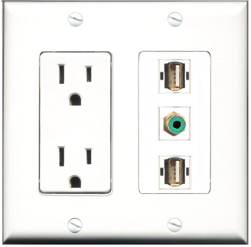 RiteAV - 15 Amp Power Outlet 1 Port RCA Green 2 Port USB A-A Decorative Wall Plate