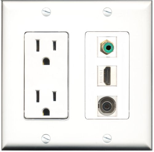 RiteAV - 15 Amp Power Outlet 1 Port HDMI 1 Port RCA Green 1 Port 3.5mm Decorative Wall Plate
