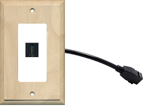 RiteAV (1 Gang Decorative) HDMI Wall Plate w/ Pigtail Extension Cable Wood on White