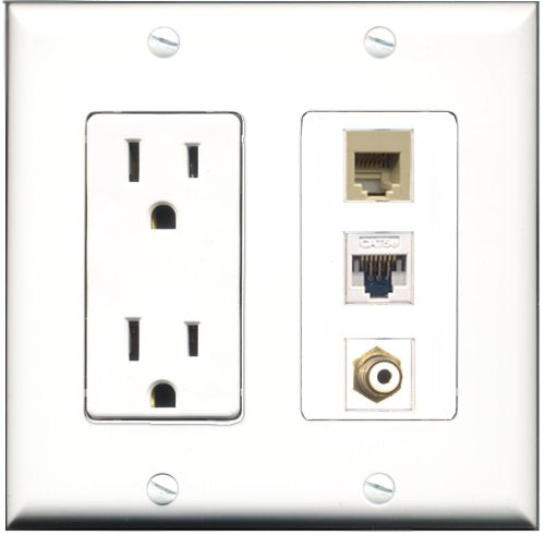 RiteAV - 15 Amp Power Outlet 1 Port RCA White 1 Port Phone Beige 1 Port Cat5e Ethernet White Decorative Wall Plate
