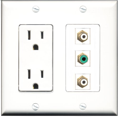 RiteAV - 15 Amp Power Outlet 2 Port RCA White 1 Port RCA Green Decorative Wall Plate