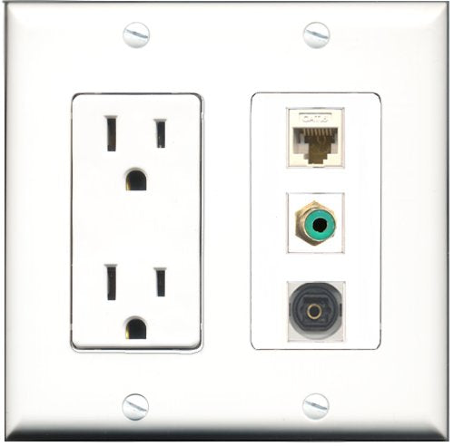 RiteAV - 15 Amp Power Outlet 1 Port RCA Green 1 Port Toslink 1 Port Cat6 Ethernet Ethernet White Decorative Wall Plate