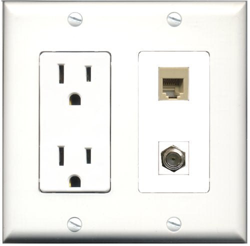 RiteAV - 15 Amp Power Outlet and 1 Port Coax Cable TV- F-Type and 1 Port Phone RJ11 RJ12 Beige Decorative Type Wall Plate White