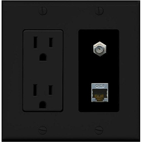 RiteAV - (2 Gang Decorative) 15A Power Outlet Coax Black Shielded Cat6 Wall Plate Black