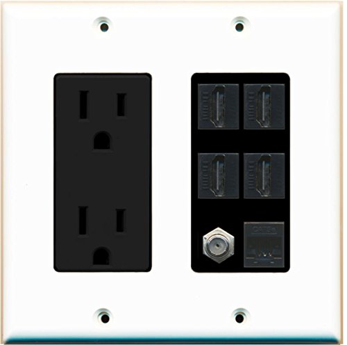 RiteAV 15A Power Outlet, 4 HDMI, 1 Cat5e Ethernet, 1 Coax Cable TV Wall Plate - White/Black