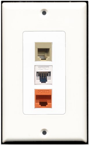 RiteAV - 1 Port Phone RJ11 RJ12 Beige 1 Cat5e Ethernet White 1 Cat5e Ethernet Orange Wall Plate Decorative