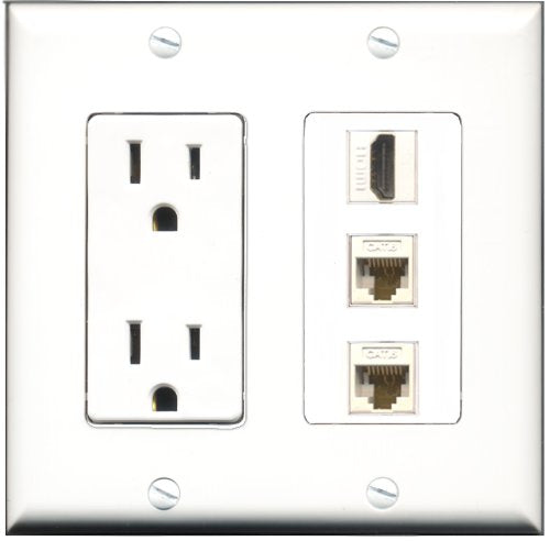 RiteAV - 15 Amp Power Outlet 1 Port HDMI 2 Port Cat6 Ethernet Ethernet White Decorative Wall Plate