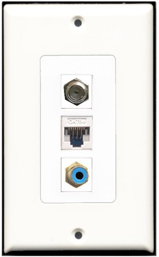 RiteAV - 1 Port RCA Blue 1 Coax Cable TV- F-Type 1 Cat5e Ethernet White Wall Plate Decorative