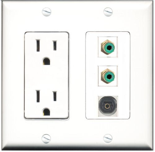 RiteAV - 15 Amp Power Outlet 2 Port RCA Green 1 Port Toslink Decorative Wall Plate