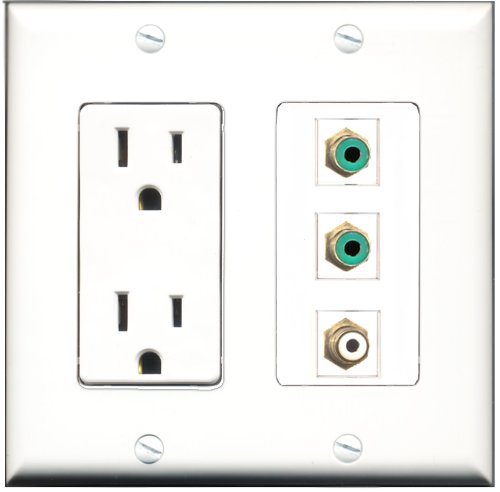 RiteAV - 15 Amp Power Outlet 1 Port RCA White 2 Port RCA Green Decorative Wall Plate