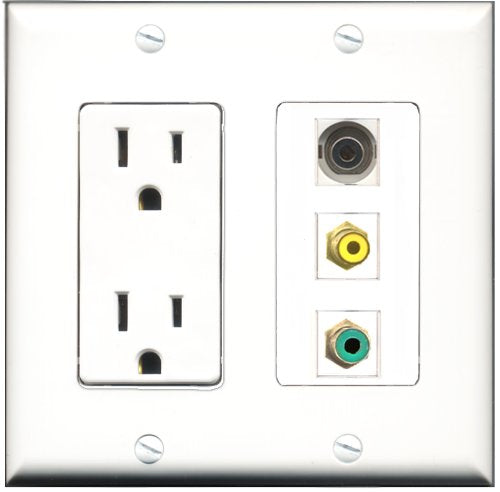 RiteAV - 15 Amp Power Outlet 1 Port RCA Yellow 1 Port RCA Green 1 Port 3.5mm Decorative Wall Plate