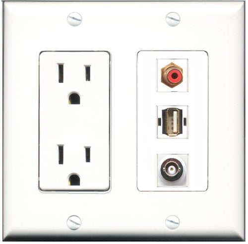 RiteAV - 15 Amp Power Outlet 1 Port RCA Red 1 Port USB A-A 1 Port BNC Decorative Wall Plate