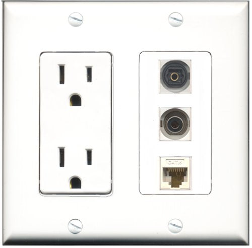 RiteAV - 15 Amp Power Outlet 1 Port Toslink 1 Port 3.5mm 1 Port Cat6 Ethernet Ethernet White Decorative Wall Plate