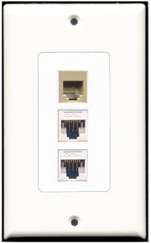 RiteAV - 1 Port Phone RJ11 RJ12 Beige 2 Port Cat5e Ethernet White Wall Plate Decorative