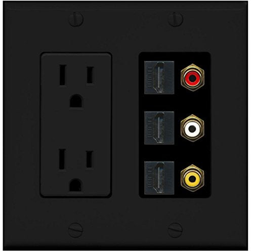 RiteAV - 2 x 15 Amp 125V Power Outlet 3 x HDMI and 3 x RCA Port Wall Plate - Black