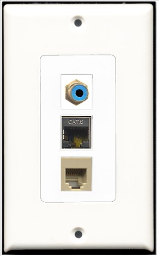 RiteAV - 1 Port RCA Blue and 1 Port Phone RJ11 RJ12 Beige and 1 Port Shielded Cat6 Ethernet Decorative Wall Plate Decorative