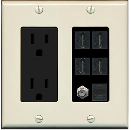 RiteAV 15A Power Outlet, 4 HDMI, 1 Cat5e Ethernet, 1 Coax Cable TV Wall Plate - Light Almond/Black