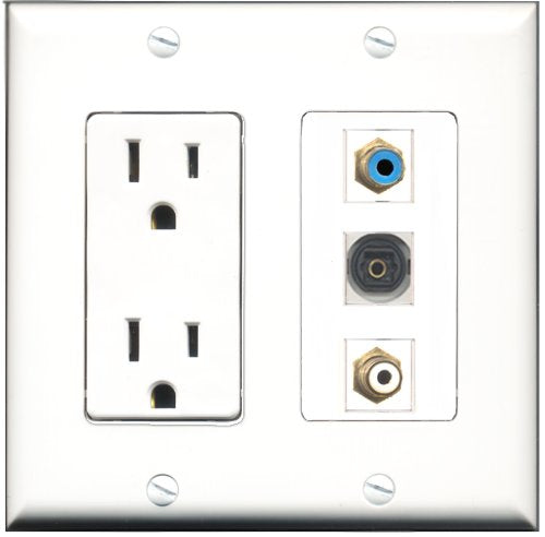 RiteAV - 15 Amp Power Outlet 1 Port RCA White 1 Port RCA Blue 1 Port Toslink Decorative Wall Plate