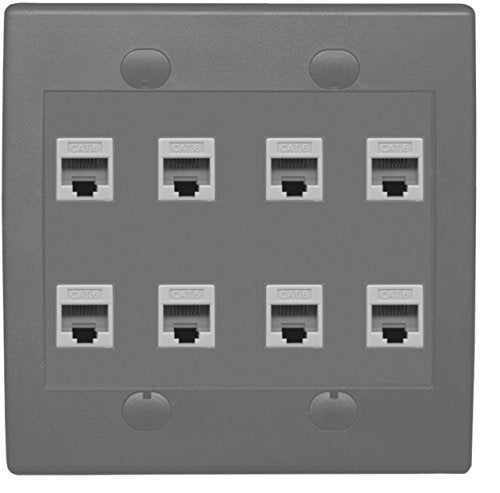RiteAV 8 Port Flat Dual 2 Gang Ethernet Cat6 RJ45 Network Wall Plate - Gray