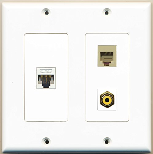 RiteAV - 1 Port RCA Yellow 1 Port Phone RJ11 RJ12 Beige 1 Port Cat5e Ethernet White - 2 Gang Wall Plate