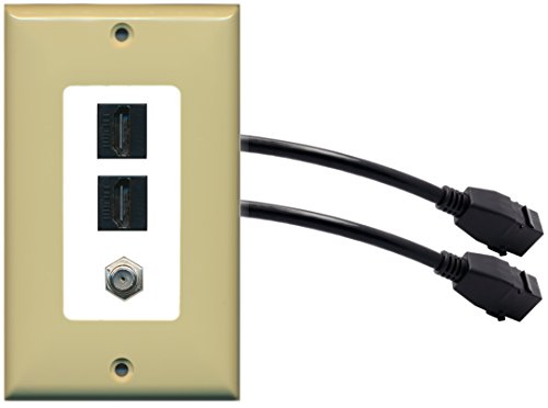 RiteAV (1 Gang Decorative) 2 HDMI Black Coax Wall Plate w/ Pigtail Extension Cable Ivory on White