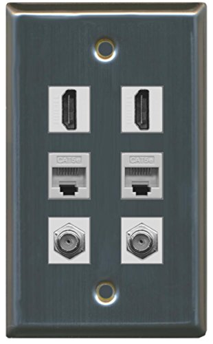 RiteAV - 2 HDMI 2 Port Coax Cable TV- F-Type 2 Port Cat5e Ethernet Wall Plate - Stainless Steel