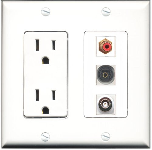 RiteAV - 15 Amp Power Outlet 1 Port RCA Red 1 Port Toslink 1 Port BNC Decorative Wall Plate