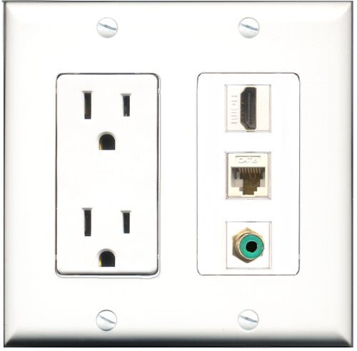 RiteAV - 15 Amp Power Outlet 1 Port HDMI 1 Port RCA Green 1 Port Cat6 Ethernet Ethernet White Decorative Wall Plate