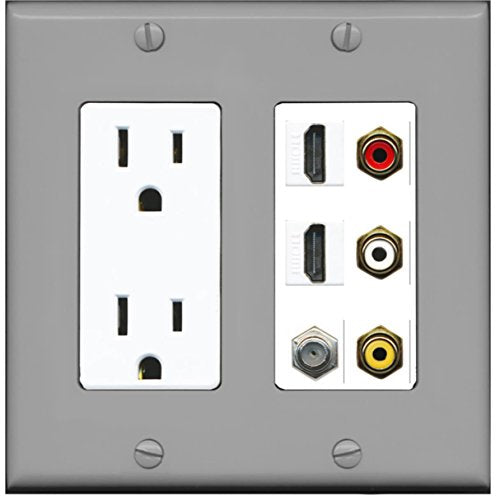 RiteAV - 2 x 15 Amp 125V Power Outlet 3 x RCA - 2 X HDMI and 1 x Coax Cable TV Port Wall Plate - Gray/White