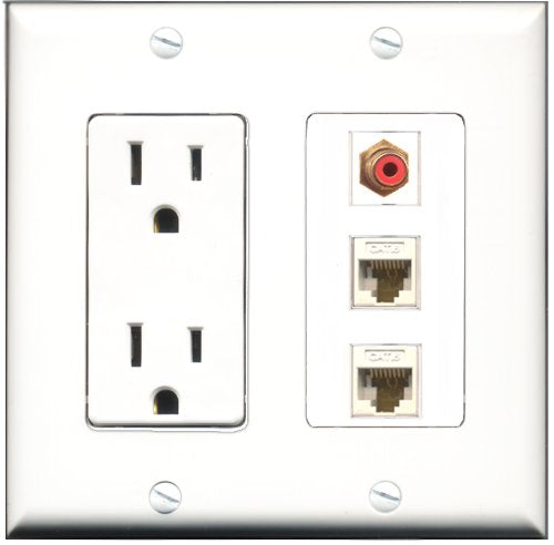 RiteAV - 15 Amp Power Outlet 1 Port RCA Red 2 Port Cat6 Ethernet Ethernet White Decorative Wall Plate