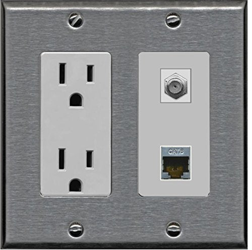 RiteAV - 15 Amp Power Outlet 1 Port Coax Cable TV- F-Type and Shielded Cat6 Ethernet Wall Plate - Stainless/Gray