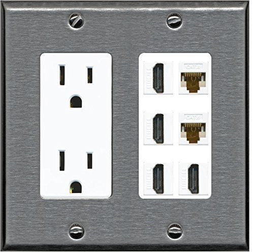 RiteAV - (2 Gang Decorative) 15A Outlet 4 HDMI 2 Cat6 Wall Plate Stainless Steel White