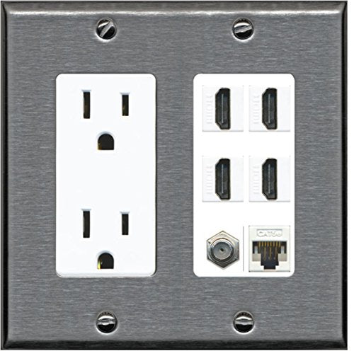 RiteAV 15A Power Outlet, 4 HDMI, 1 Cat5e Ethernet, 1 Coax Cable TV Wall Plate - Stainless Steel/White