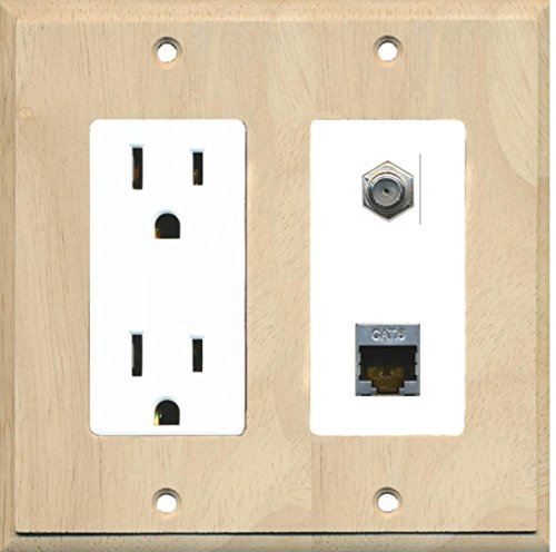 RiteAV - 15 Amp Power Outlet 1 Port Coax Cable TV- F-Type and Shielded Cat6 Ethernet Wall Plate - Wood/White